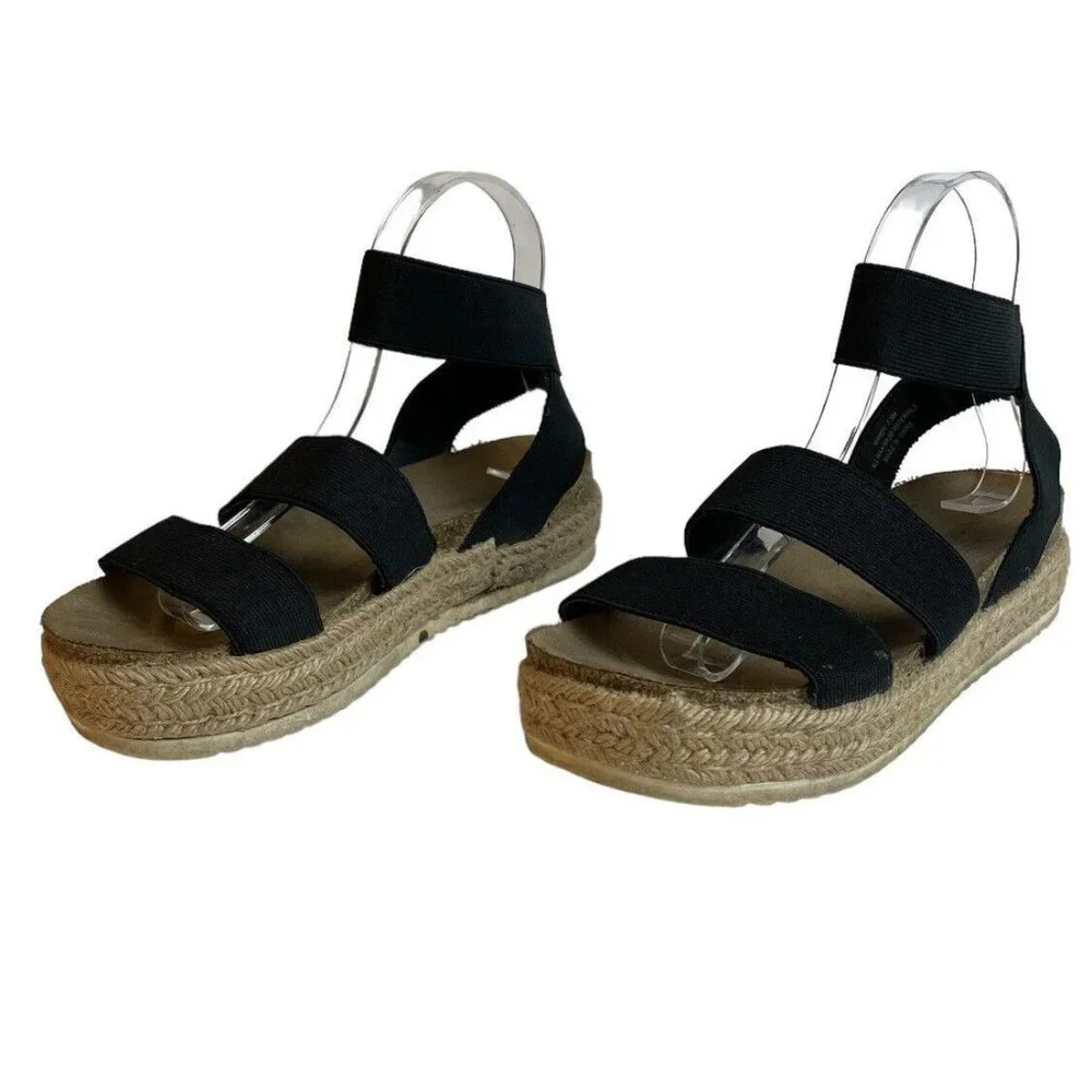 Cushionaire Mandy Flatform Sandals Size 7.5M Cork Footbed Espadrille Black Strap - Picture 1 of 11